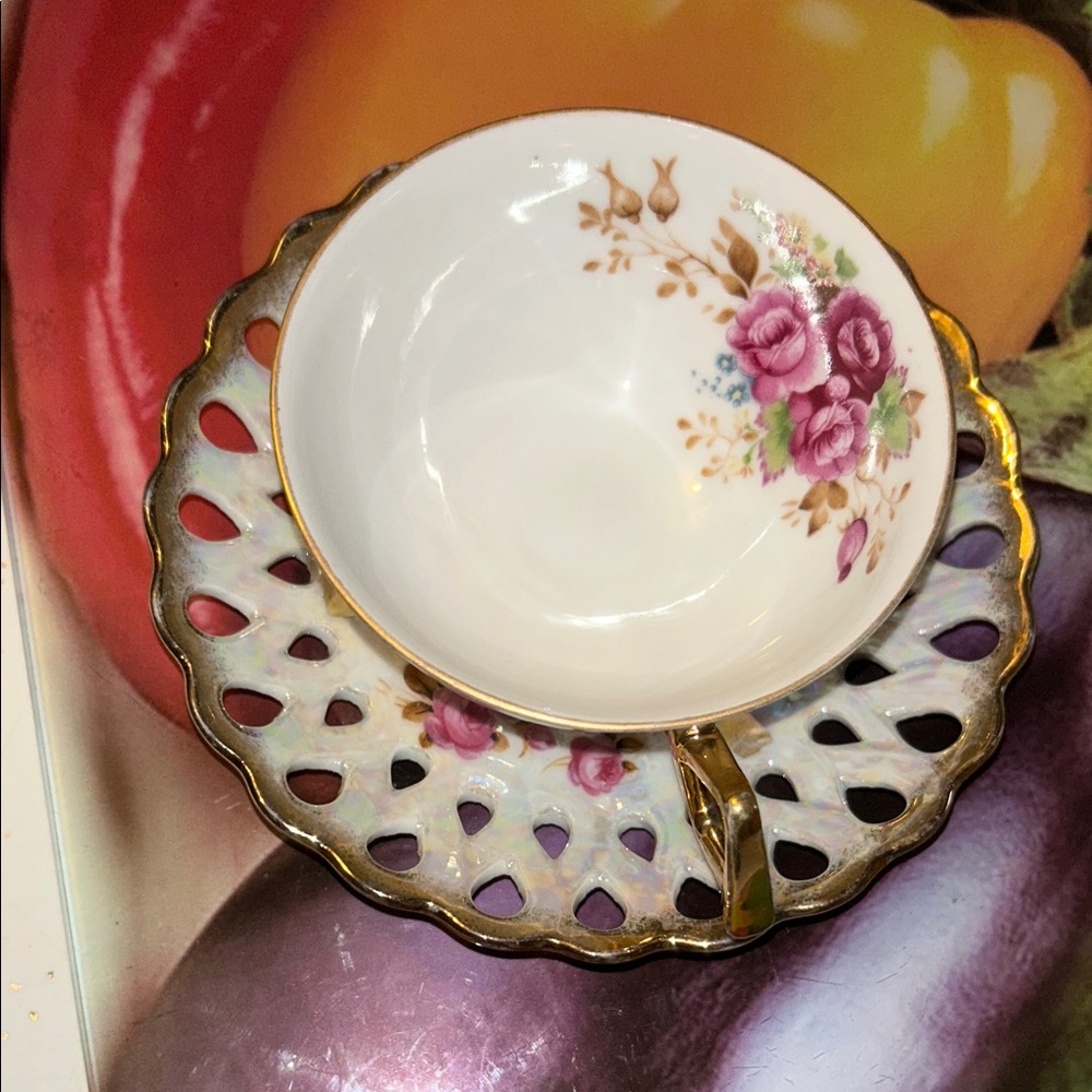 Floral Gold-Trimmed Tea Cup and Saucer Set